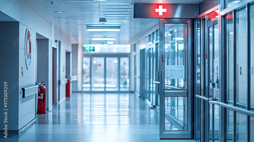 Close up of hospital emergency entrance with bright red cross signs Close up of hospital emergency entrance with bright red cross signs