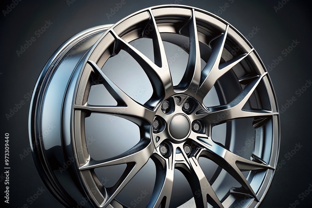 Fototapeta premium Close-up of a sleek, modern wheel with intricately designed spokes and metallic hubcaps, evoking speed, innovation, and