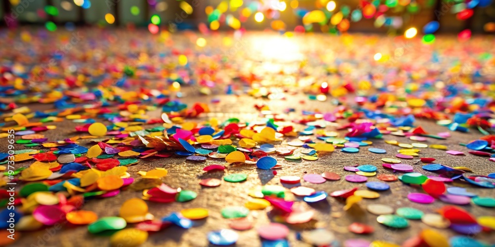 Fototapeta premium Bright and colorful confetti flying on the floor Medium Shot, happy, event, bright, decoration,confetti, cheerful, floor, fun, texture, colorful, joyful, festive, scattered, abstract