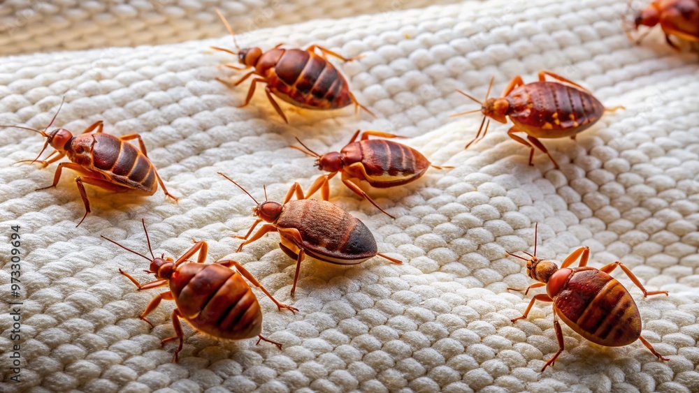 Close-up of small, flat, reddish-brown insects with distinct oval shapes and six legs, infesting a mattress seam,