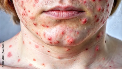 Close-up of petechiae rash on pale skin, exhibiting tiny red or purple spots, a common symptom of leukemia, revealing subtle skin discoloration and texture. photo