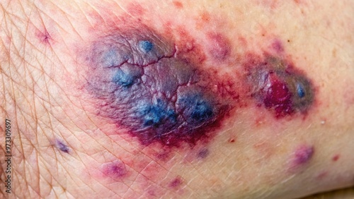 Close-up of skin with prominent blood patches, also known as ecchymosis, appearing as purple and blue bruise-like marks beneath the surface, indicating blood vessel rupture.