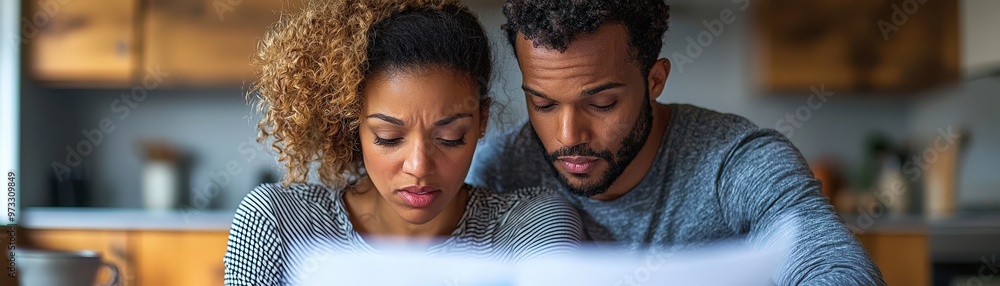 Financially stressed couple discussing debt relief options, household debt concept. Financially stressed couple discussing debt relief options, household debt concept.