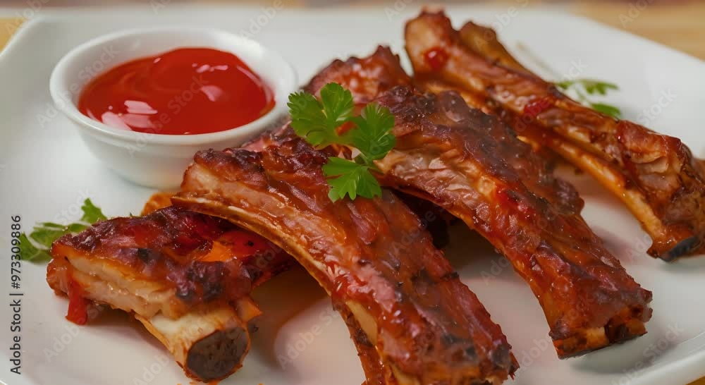 Glazed Ribs on White Plate with Parsley Garnish Glazed Ribs on White Plate with Parsley Garnish
