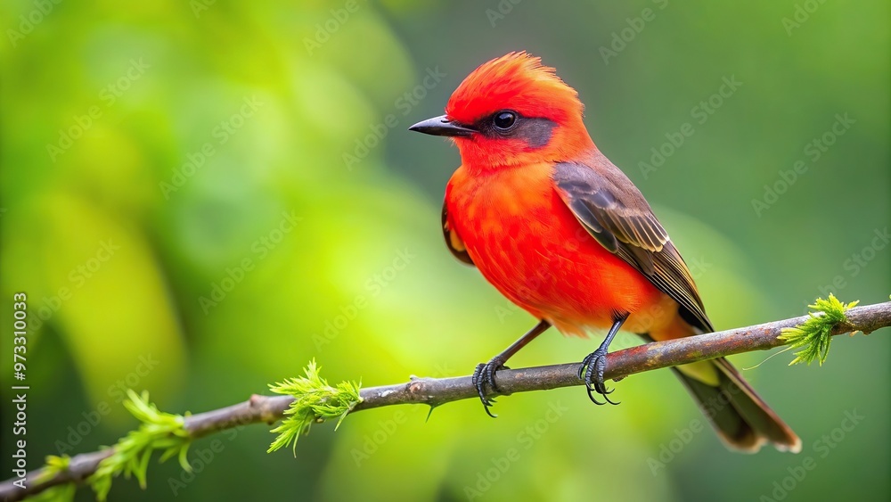 A vibrant Vermilion Flycatcher perches on a tree branch with a lush green background, vibrant colors, branch, bird, ecosystem, perching, bird species, tree branch, small bird A vibrant Vermilion Flycatcher perches on a tree branch with a lush green background, vibrant colors, branch, bird, ecosystem, perching, bird species, tree branch, small bird