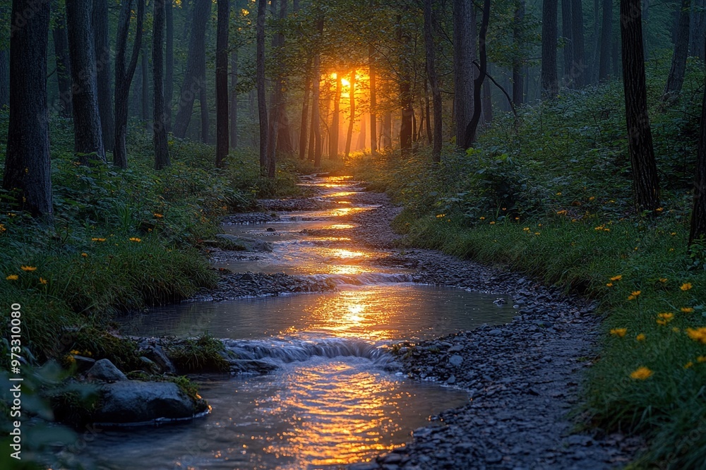 Obraz premium A serene brook winding through a forest