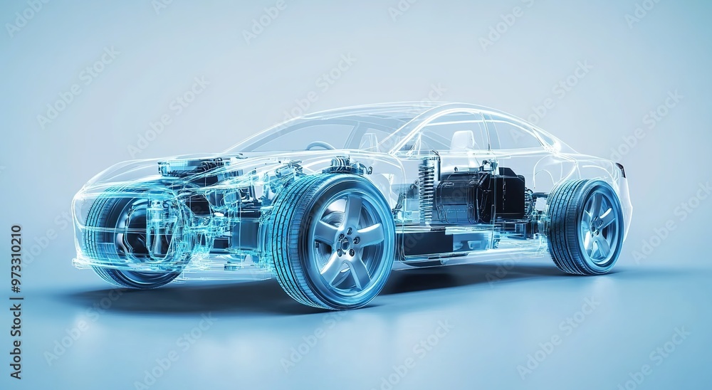 An electric car's transparent body with a visible engine and battery, showcasing the internal structure of an eco-friendly vehicle. An electric car's transparent body with a visible engine and battery, showcasing the internal structure of an eco-friendly vehicle.