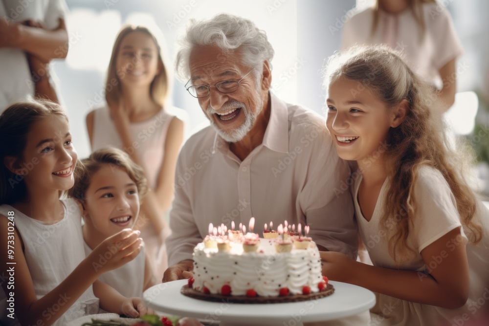 A cheerful elderly man sharing a heartwarming moment with his granddaughters, gathered around a cake with lit candles. A cheerful elderly man sharing a heartwarming moment with his granddaughters, gathered around a cake with lit candles.