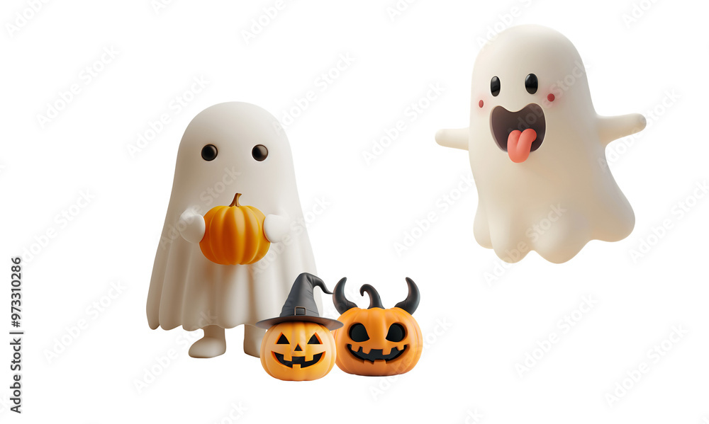 Obraz premium 3D Ghost and Pumpkin Character: Cute, Funny Cartoon Illustration for a Kids’ Halloween Party, Isolated on Transparent Background, PNG