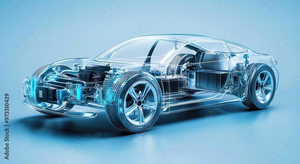 An electric car's transparent body with a visible engine and battery, showcasing the internal structure of an eco-friendly vehicle. An electric car's transparent body with a visible engine and battery, showcasing the internal structure of an eco-friendly vehicle.