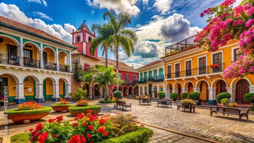 Colorful colonial-era architecture lines the cobblestone streets of Bolivar, Venezuela, with vibrant flowers and lush greenery amidst historic buildings and picturesque plazas.