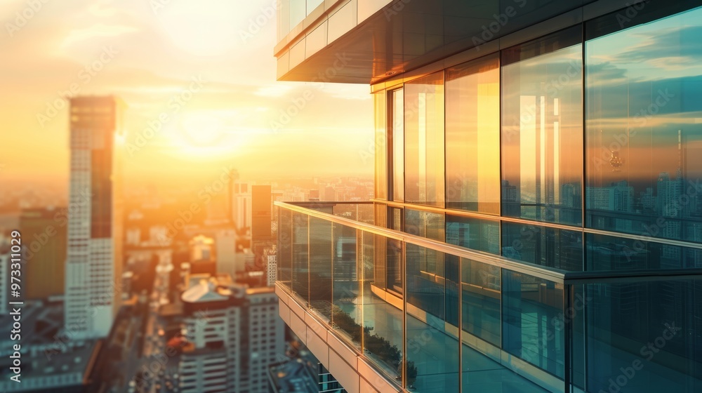 Fototapeta premium Trendy high-rise building with stylish glass balcony panels, overlooking a vibrant urban landscape. Close-up photo with clean background