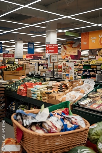 A supermarket store filled with various grocery items. There are fresh fruits and vegetables, canned goods, snacks and beverages.
