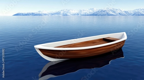 A small, white and brown wooden boat floats quietly on a mirror-like lake, with snow-capped mountains rising majestically in the background under a vibrant blue sky