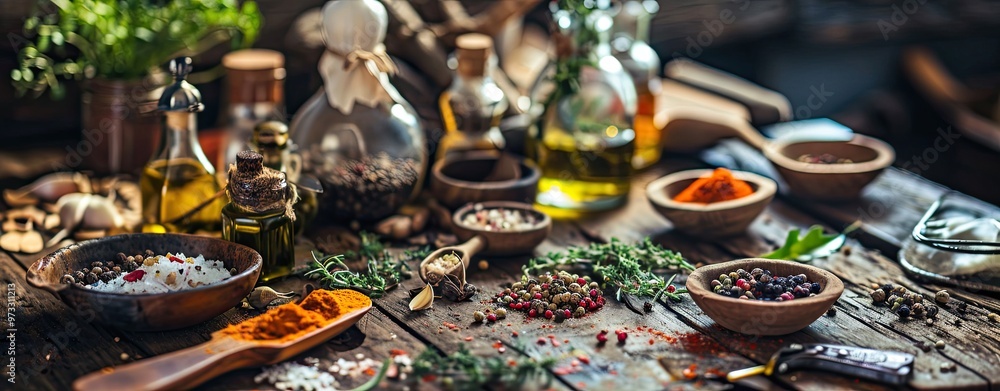 Healthy ingredients of various food ingredients with oil and spice bottles and flavor herbs on dark rustic table. Healthy ingredients of various food ingredients with oil and spice bottles and flavor herbs on dark rustic table.