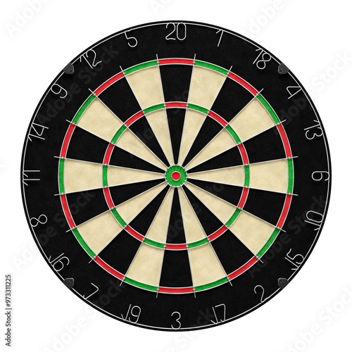 A Dartboard of the Darts Game. A dartboard made with the classic appearance isolated on a transparent background. 3D rendering graphics on the theme of Sports and Leisure Games.