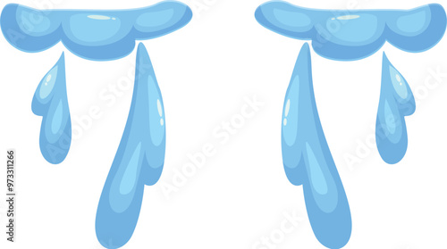 Cartoon illustration of blue liquid dripping from clouds on white background