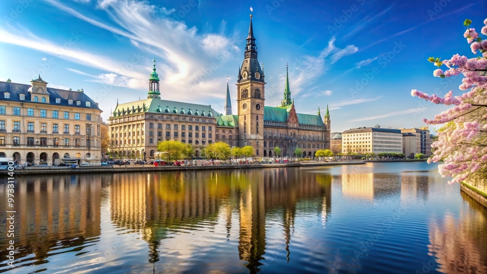 Obraz premium urban, cityscape,Hamburg, landmark, Germany, European, panoramic, spring, water, travel, historic, scenic, wide-angle, Hamburg townhall and Alster river at spring Wide Angle