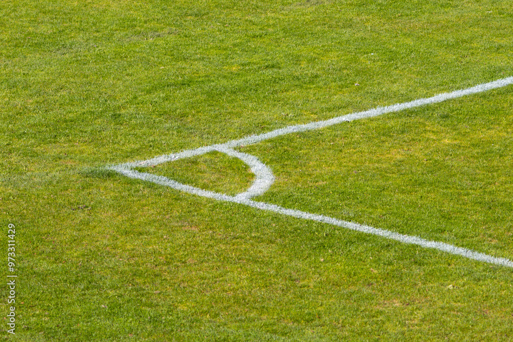 Naklejka premium Green Soccer Field or Football Field Corner View with Grass Texture and Pattern, Football Pitch