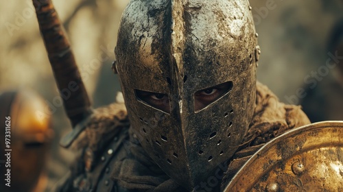 A close-up of a medieval knight in armor, his face obscured by a helmet, with a sword and shield, looking intense and ready for battle.