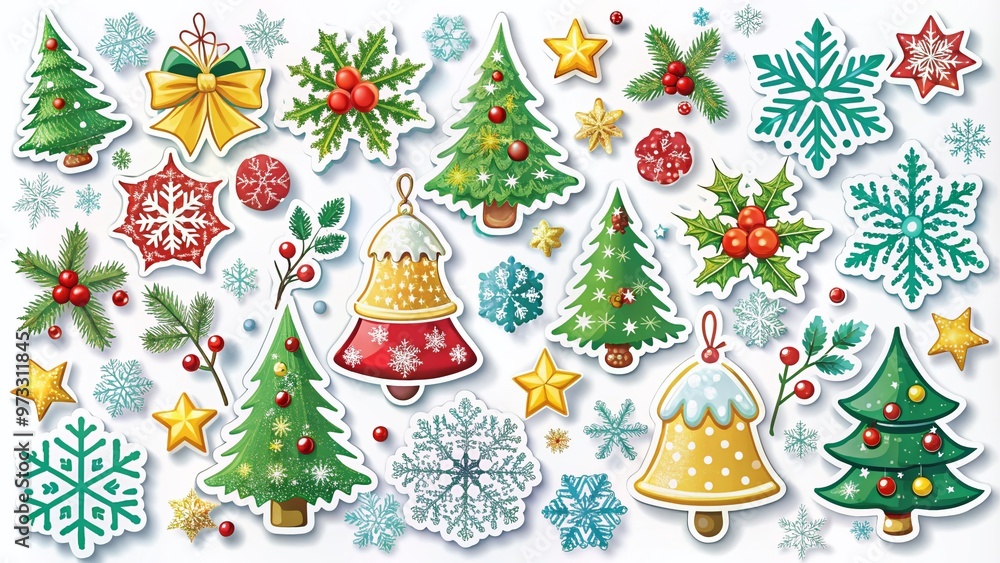 Colorful festive holiday stickers with snowflakes, trees, bells, and holly on a white background, perfect for Colorful festive holiday stickers with snowflakes, trees, bells, and holly on a white background, perfect for