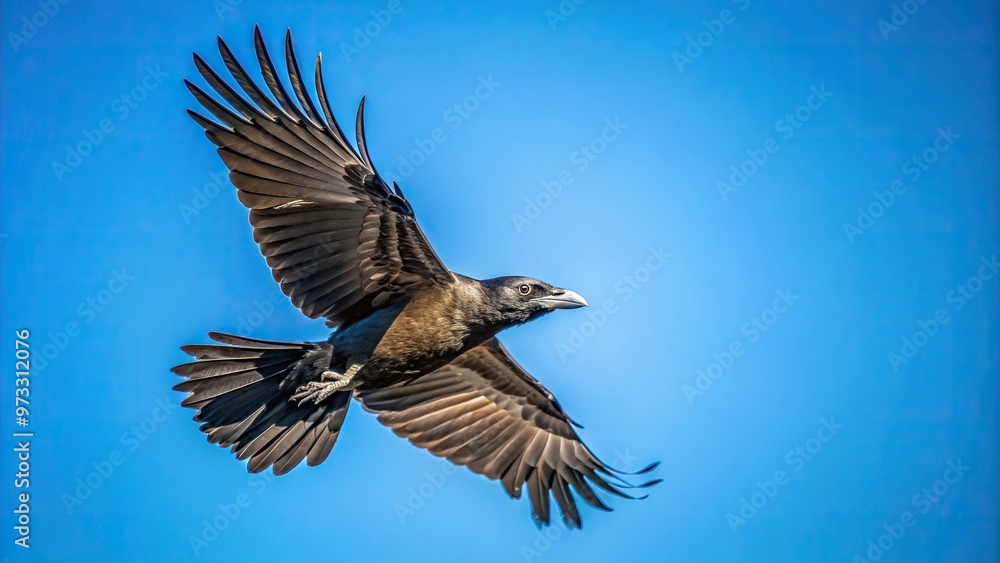 Obraz premium A mesmerizing photo of an isolated crow soaring through the air captured from a worm s eye view set against a stunningly clear blue sky, crow, wildlife photography, freedom, majestic