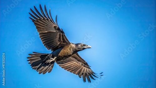 A mesmerizing photo of an isolated crow soaring through the air captured from a worm s eye view set against a stunningly clear blue sky, crow, wildlife photography, freedom, majestic photo