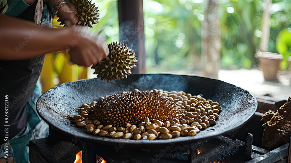 Fototapeta premium Roasting durian seeds in traditional setting creates unique culinary experience