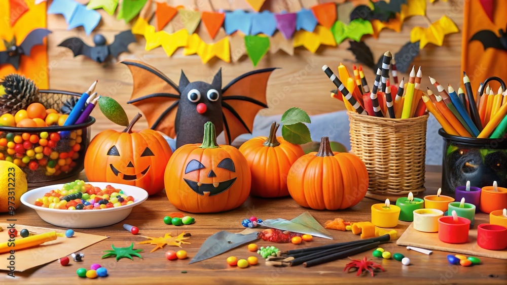 Fototapeta premium Colorful Halloween arts and crafts station with paper bats, spiders, and pumpkins, surrounded by candy, stickers, and creative supplies for kids to enjoy.