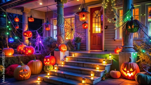 Colorful glow sticks transform a porch into a spooky spectacle with eerie lanterns, glowing spider webs, and radiant jack-o-lanterns in a creative DIY Halloween display. photo