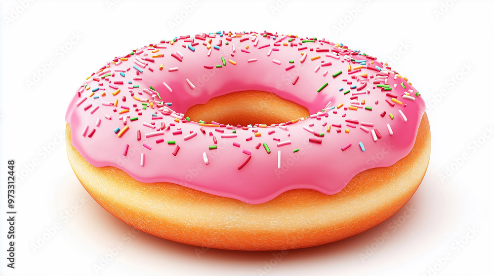 Delicious pink frosted donut with colorful sprinkles on white background with copy space Delicious pink frosted donut with colorful sprinkles on white background with copy space