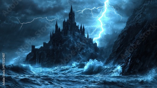 A haunting Halloween castle looming over a stormy seascape, with crashing waves against jagged cliffs and lightning illuminating the sky, creating a dramatic and spooky atmosphere. photo