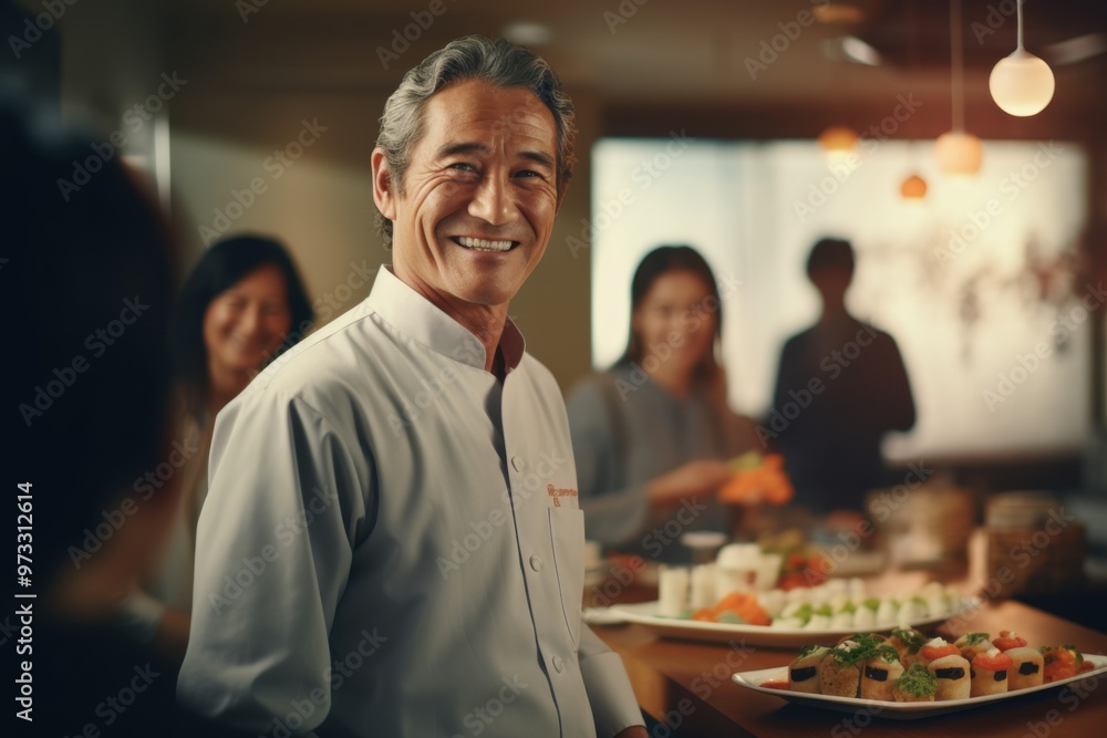 A cheerful chef in a restaurant proudly presents a variety of sushi to smiling diners, creating a warm and welcoming atmosphere. A cheerful chef in a restaurant proudly presents a variety of sushi to smiling diners, creating a warm and welcoming atmosphere.