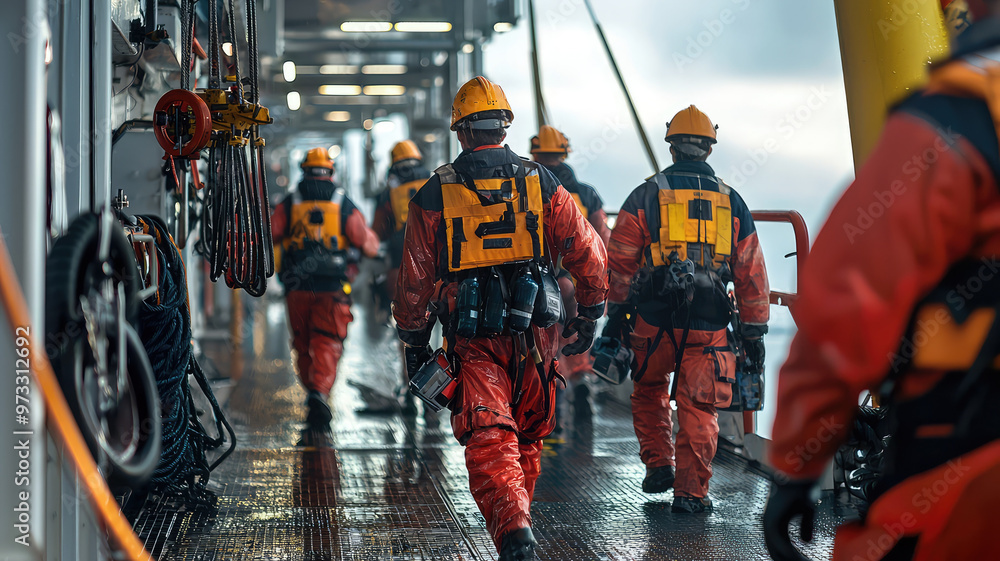 Emergency response drill on an oil platform with safety gear and ...