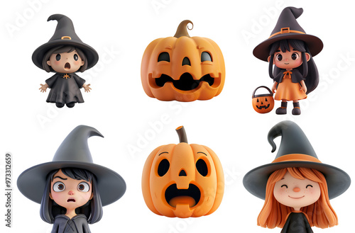 Funny and Cute 3D Cartoon Illustration of Pumpkin and Witch for Kids’ Halloween Party, Isolated on Transparent Background, PNG