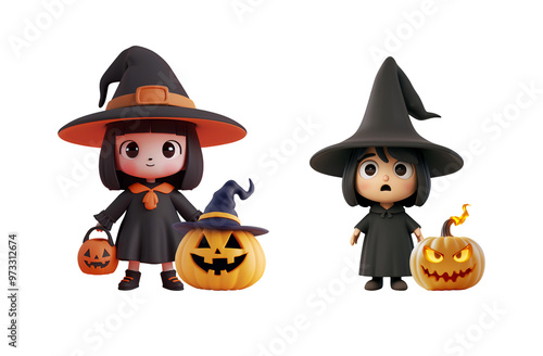 Pumpkin and Witch 3D Character: Cute, Funny Cartoon Illustration for Kids’ Halloween Party, Isolated on Transparent Background, PNG