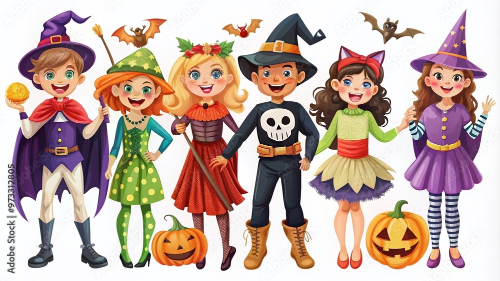 Colorful illustrations of spooky and playful Halloween costumes, including witches, ghosts, bats, pumpkins, and Colorful illustrations of spooky and playful Halloween costumes, including witches, ghosts, bats, pumpkins, and