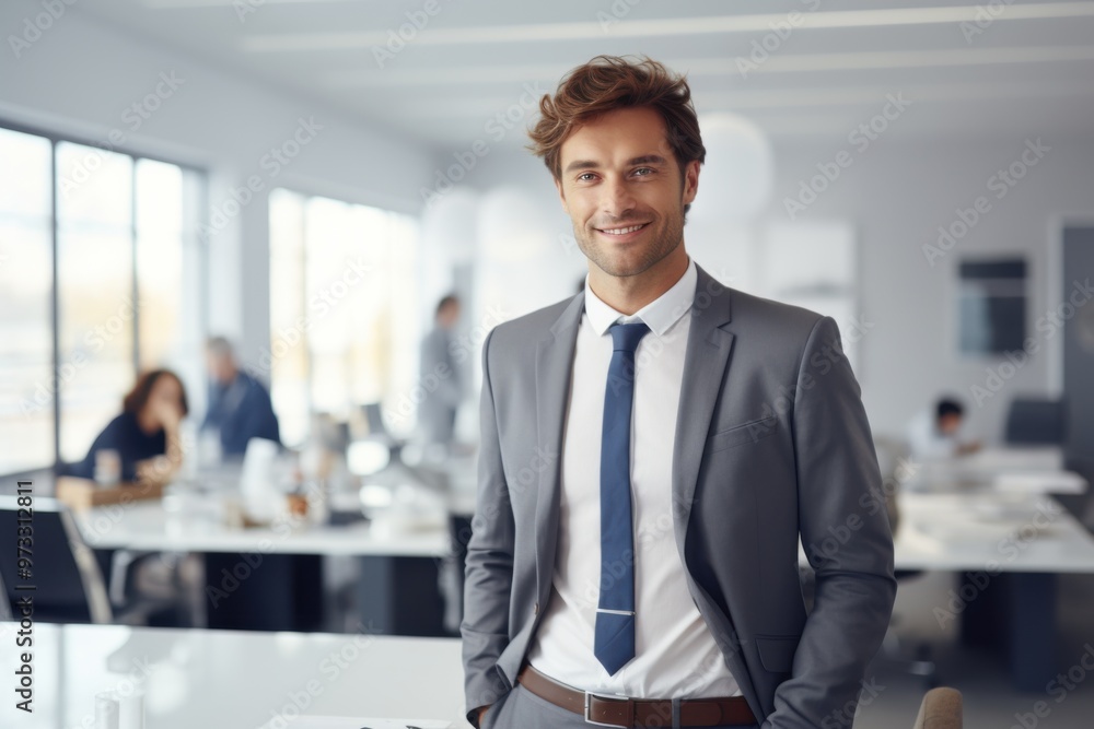 A confident man in a well-tailored suit stands in a modern office, exuding professionalism and charisma. A confident man in a well-tailored suit stands in a modern office, exuding professionalism and charisma.