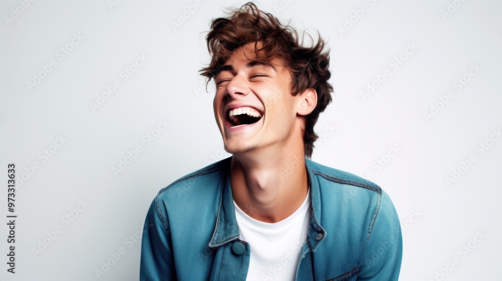 A young man in a denim jacket laughs exuberantly in front of a minimalist white background. A young man in a denim jacket laughs exuberantly in front of a minimalist white background.
