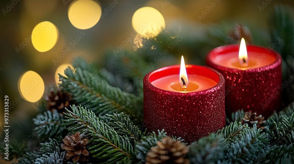 Close-up of two red candles on a green pine wreath Close-up of two red candles on a green pine wreath