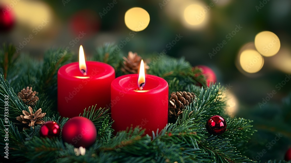 Close-up of two red candles on a green pine wreath Close-up of two red candles on a green pine wreath