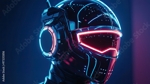 Futuristic helmet with glowing lights designed for virtual reality photo