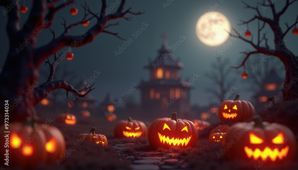 Spooky Halloween Night with Jack-o'-Lanterns and a Mysterious House Spooky Halloween Night with Jack-o'-Lanterns and a Mysterious House