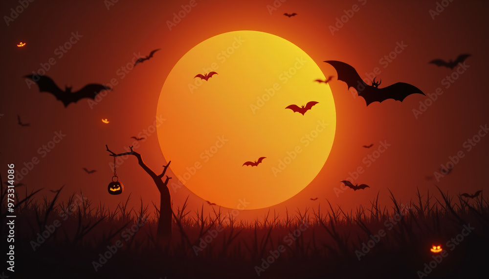 Spooky Halloween Sunset With Bats, Full Moon, Flying Jack-o'-Lantern & Branch Design Element - Festive Background, Halloween, Decoration Spooky Halloween Sunset With Bats, Full Moon, Flying Jack-o'-Lantern & Branch Design Element - Festive Background, Halloween, Decoration