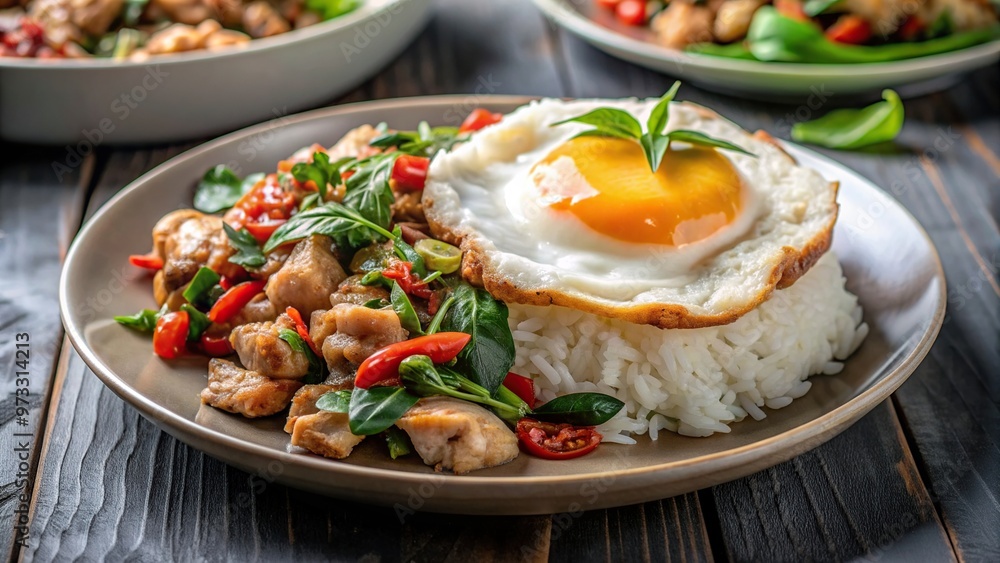 Stir fried basil with chicken and white rice fried egg seen from a low angle, delicious, food, tasty, dinner, lunch, Asian food, food photography, Thai food, fried egg, white rice Stir fried basil with chicken and white rice fried egg seen from a low angle, delicious, food, tasty, dinner, lunch, Asian food, food photography, Thai food, fried egg, white rice