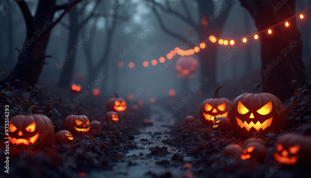 Halloween Forest Path, Glowing Jack-o'-Lanterns, Mystical Atmosphere, Holiday Decor, Spooky Night Halloween Forest Path, Glowing Jack-o'-Lanterns, Mystical Atmosphere, Holiday Decor, Spooky Night