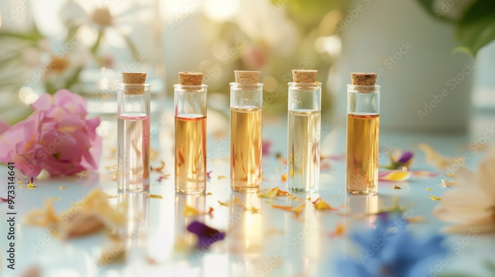 Wildflower essence in small vials with flower petals scattered around Close-up photo with clean background Wildflower essence in small vials with flower petals scattered around Close-up photo with clean background