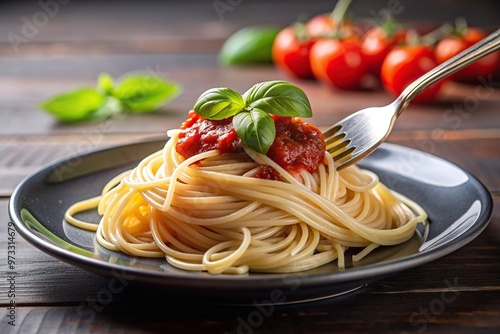 savory,spaghetti, traditional, delicious, food, Italian cooking, A medium shot stock photo of a delicious forkful of spaghetti with tomato sauce and basil displayed on a plate photo