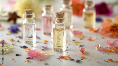 Wildflower essence in small vials with flower petals scattered around Close-up photo with clean background
