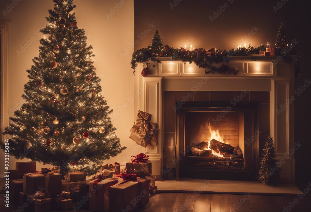 Christmas tree with christmas gifts presents under tree fireplace and mantle with wood burning eveni Christmas tree with christmas gifts presents under tree fireplace and mantle with wood burning eveni